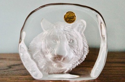 Vintage Cristal d'Arques France Bengal Tiger Head Paperweight - 24% Lead Crystal