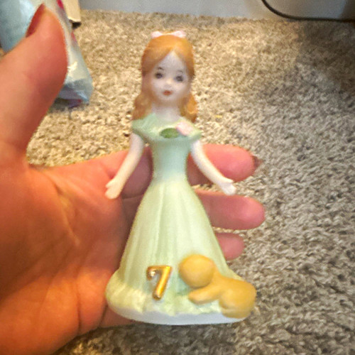 Growing Up Girls Age 7 Birthday Girl Porcelain Figurine Blonde Green Dress Puppy