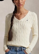 New Polo Ralph Lauren White Cable Knit Cotton V Neck Sweater Women S Small