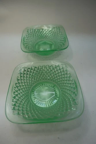 Westmoreland Green Depression English Hobnail Glass 2 Square Bowls 4 1/2"