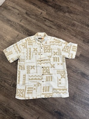 Quiksilver Hawaiin Surf Shirt Mens Large Aloha Tan Brown Print Button Up