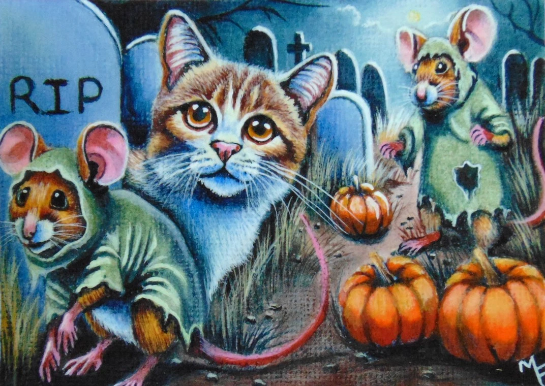 ACEO Original Cat Zombie Mouse Grave Halloween Miniature Landscape Painting Art