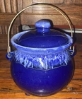 Hull Pottery USA Cobalt Blue Drip Glaze Cauldron Bean Pot Bale Wire Handle