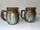 VTG MCM Frankoma Pottery C8 Mug Ribbed Barrel Plainsman Prairie Green Pair RARE