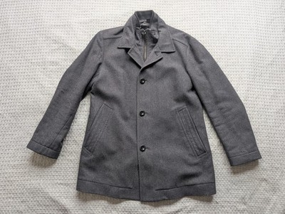 BOSS Hugo Boss Coat Mens 38 Gray Wool Tweed Overcoat Oxtan3 Zip Quilted