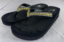 Yellow Box Women's 7.5 Black Rhinestone Wedge Flip Flop Sandals Slip On