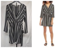 Speechless Womens XL Dress Black White Striped Faux Wrap Mini Dress with Belt