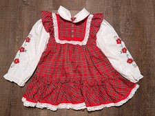 Vintage girl's 2T red plaid prairie dress embroidered sleeves white lace trim