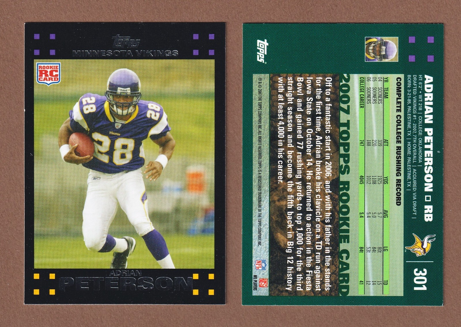 2007 Topps #301 Adrian Peterson RC Rookie - Vikings - NM - HOF - 228 - 🔥🏈
