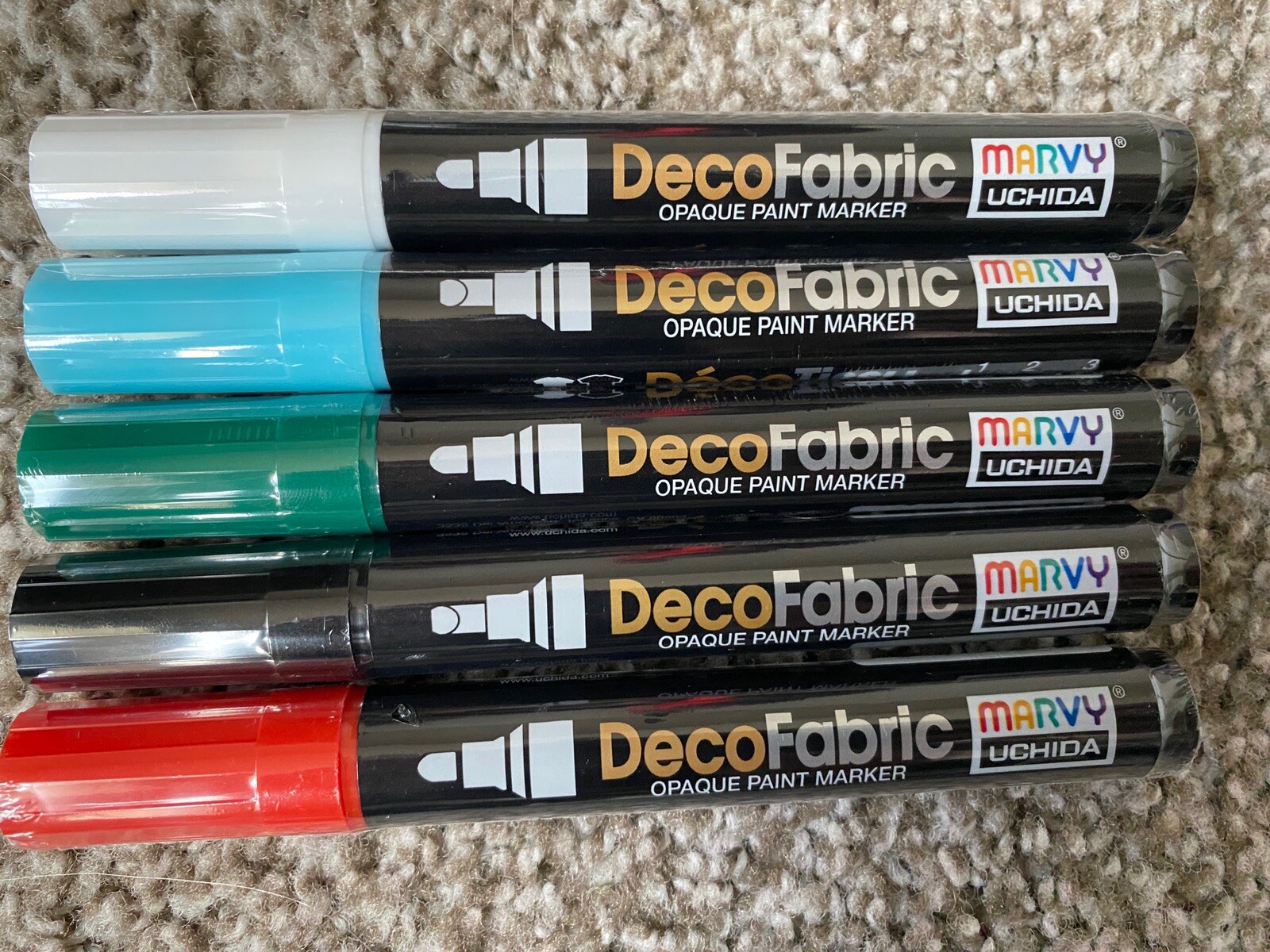 Lot of 5, Marvy DecoFabric Paint Marker Fluorescent Blue, Green, Red, White, Blk