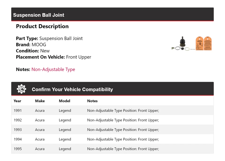 Rótula de suspensión delantera superior MOOG 1991-1995 Acura Legend 1991 1992 1993 Foto 2 de 4