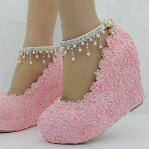 Frauen-Faux-Perlen-Spitze-Keil-Sandalen-Absatz-Plattform-Hochzeits-Braut-Schuhe - Bild 14 von 16