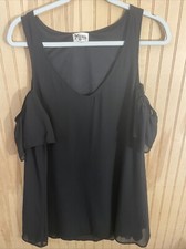 Show Me Your Mumu Dress Black Tunic Chiffon Lined Cold Shoulder Ruffle Birdie M