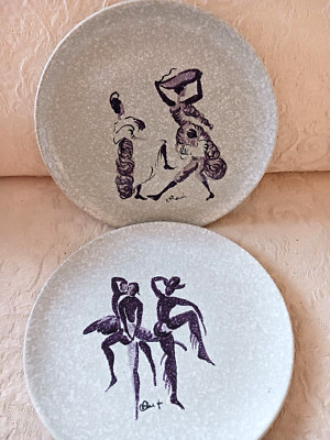 2 Vtg W. C. & G. Italy Hand Painted Plates-Dishes w Abstract Dancers MCM #2422