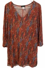Venus Boho Red Paisley 3/4 Sleeve Mini Shirt Dress Womens 8 Medium