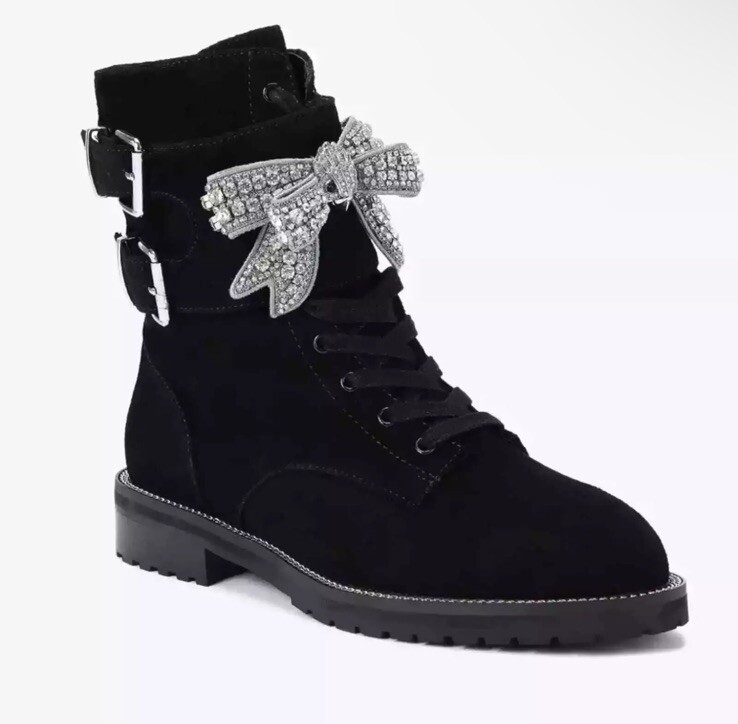 New Kurt Geiger Combat Boots Shoes 38.5 Bow Rhinestone Suede  display picture 1