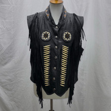 Vtg Tribal America Beads  Fringe Native black leather biker vest XXL