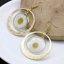 Gold Circular Metal Floral Flower Drop Hanging Dangling Earrings