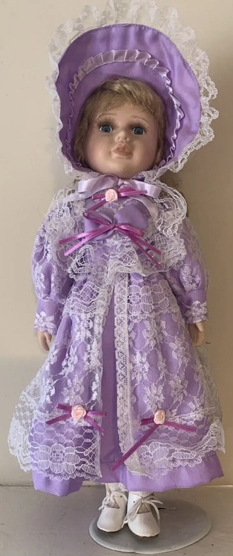 Unbranded Porcelain Collectible Doll with Stand Purple Dress and Bonnet