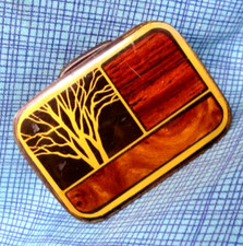Exotic Wood Inlay Brass Tree Dress Belt Buckle Boho Hippie Vtg Harmony .TAZ604