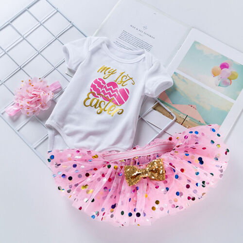 Baby Girls Easter Outfits Set Summer Short Sleeve Romper with Skirt Headbands