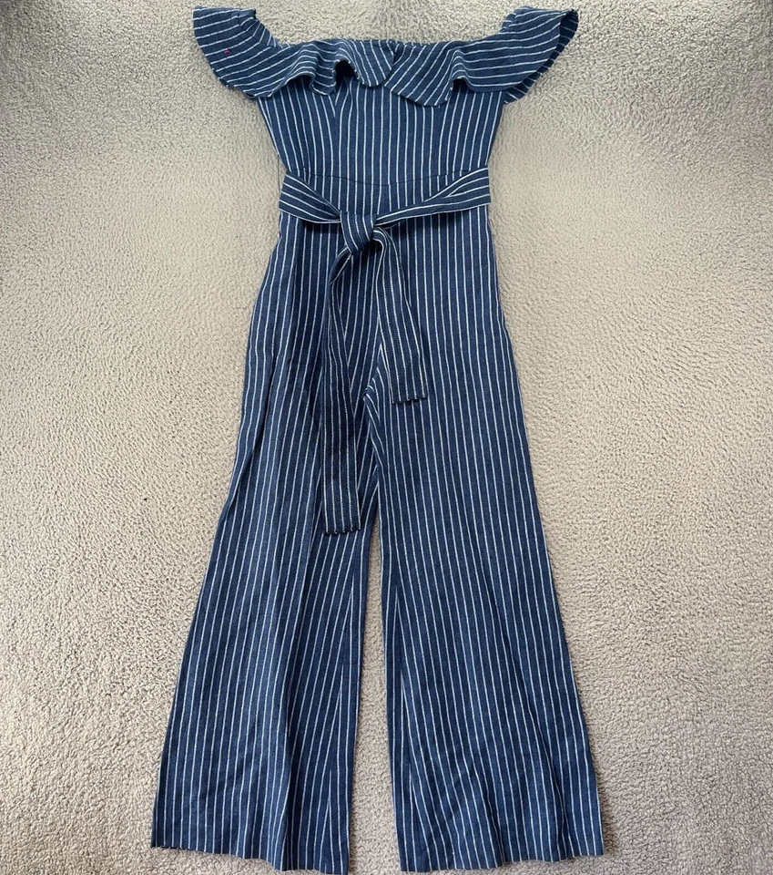 Mono Alexis para mujer grande azul a rayas fuera del hombro pierna ancha con cinturón Foto 3 de 4