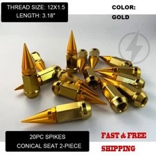 20 Gold 3.18" Spike Lug Nuts M12x1.5 For Aftermarket Wheels 60° Conical Seat