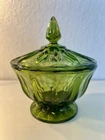 Vintage 70s Anchor Hocking Green Glass Lidded Pedestal Candy Dish 7” Sorrento