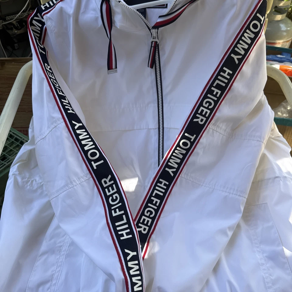Tommy Hilfiger L Blanco Rojo Azul Mangas a Rayas Exterior Ropa de Calle Cortavientos Foto 3 de 4