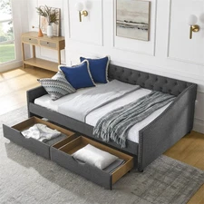 Full Size Upholstered Sofa Bed Frame with Two Drawers & Comfortable Backrest 