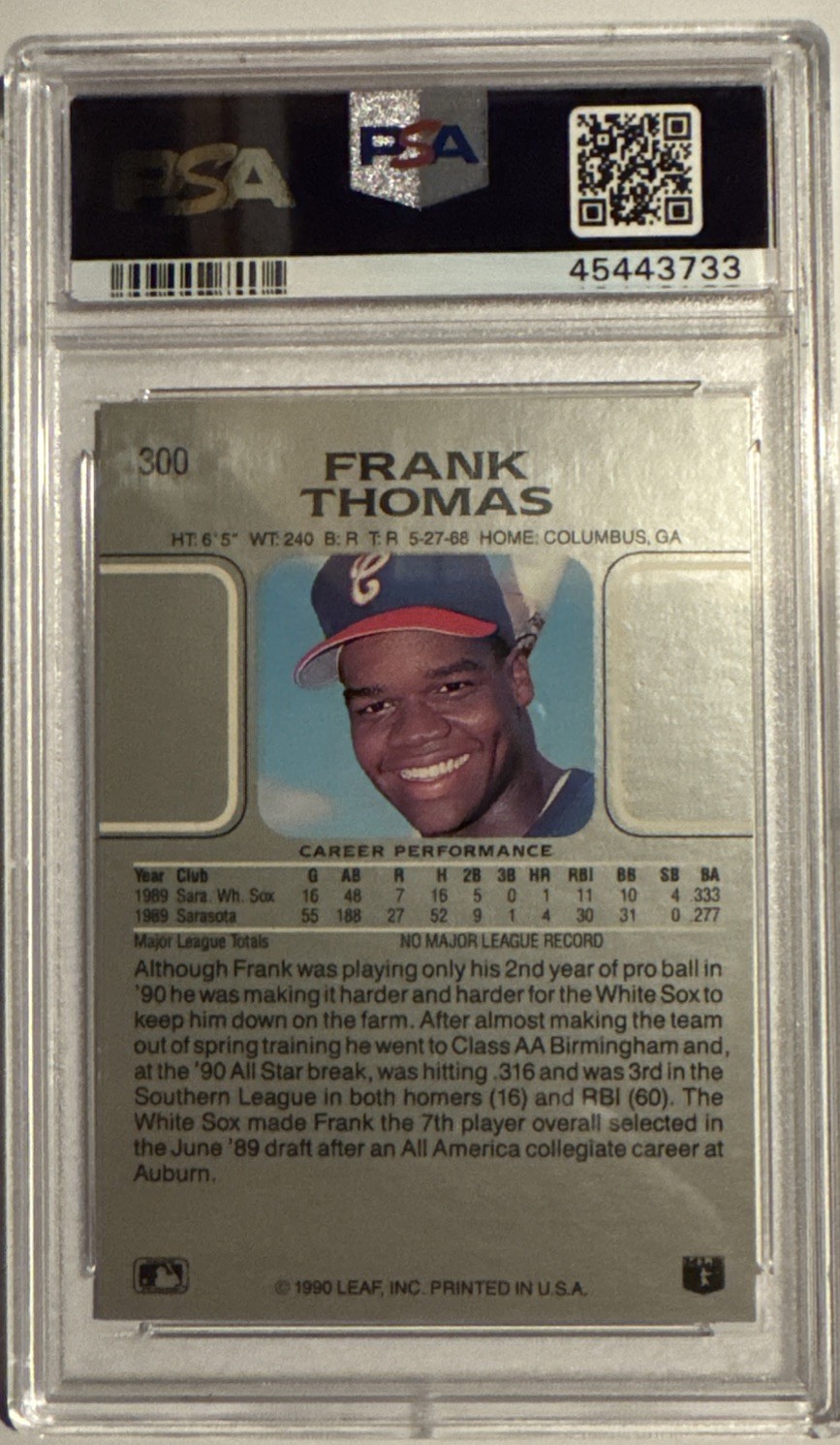 1990 Leaf - Frank Thomas RC #300 PSA 10  view 2