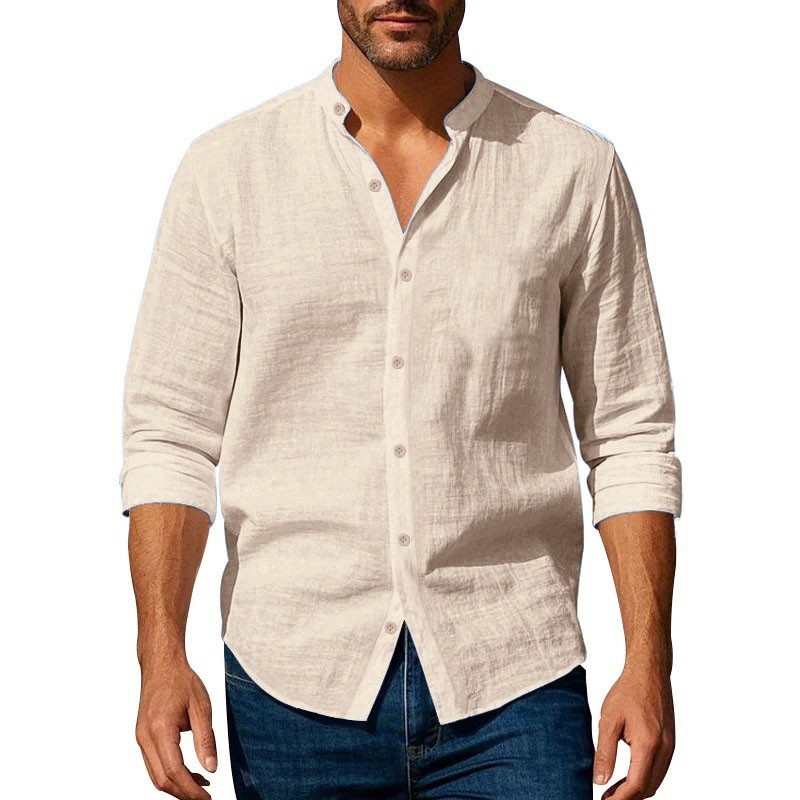 Camisa Hombre Algodón Lino Manga Larga Casual Suelta Color Sólido Otoño