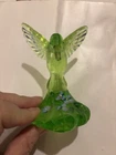 Fenton Green Uranium Art Glass Hand Painted Hummingbird Artist Sign Collectible