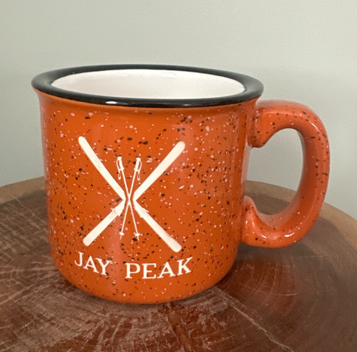 Jay Peak Campfire Mug Orange Skis & Poles Logo Vermont Mountain