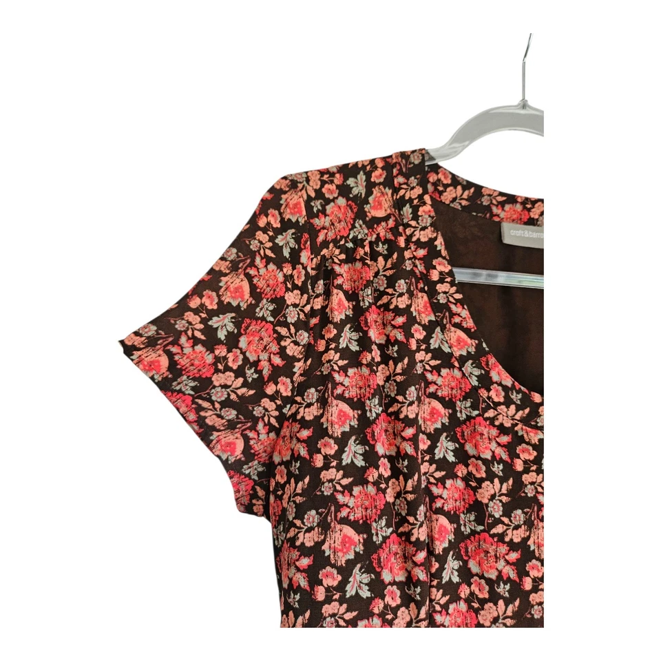 Vestido Croft & Barrow Talla 12 Midi Marrón Oscuro Floral S/S Corbata Cuello en V Prarie Foto 4 de 4