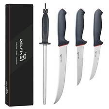 DELFINA 4 PC Butcher Knife Set German Steel Boning Meat Skinning Breaking Sharpe