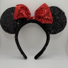 Minnie Mouse Black Sequin  Red Glitter Bow w/Black Ears Headband DISNEY FANS