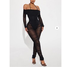 Fashion Nova Women Black Ruched Mesh Off Shou...