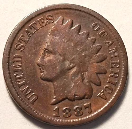 1887 Indian Head Cent Good- Very Good Average Circulated Condition Copper Penny