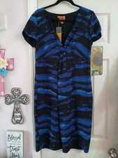 Tory Burch Kaoy Landscape Silk Dress Size 10 Abstract Art Black Blue Water