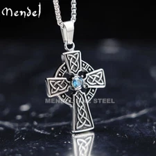 MENDEL Mens Womens Girls Irish Celtic Knot CZ Cross Pendant Necklace For Women