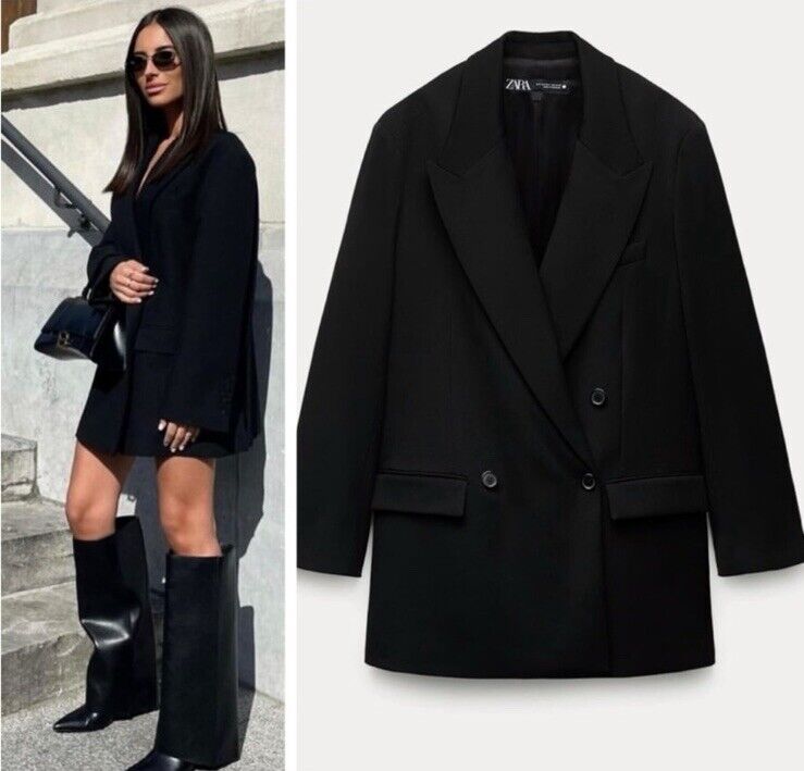 Zara Black Long Oversized double breasted Jacket Blazer ZW Zara Black Long Oversized double breasted Jacket Blazer ZW