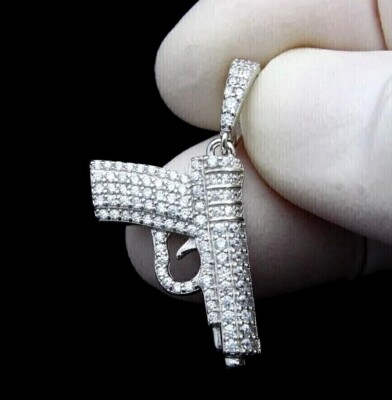 Round Cut Simulated Diamond Unisex Stunning Gun Pendant In 14K White ...