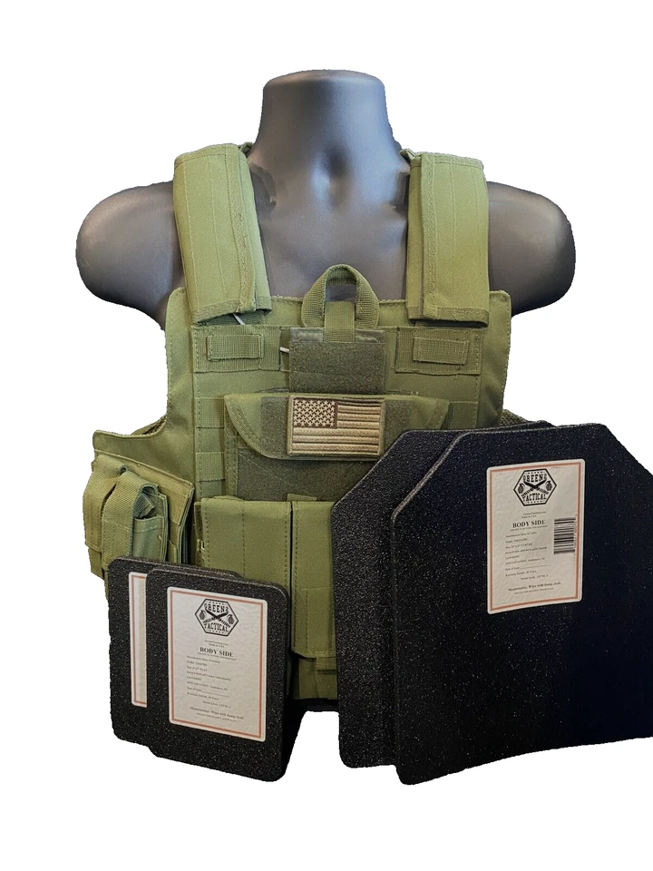 OD Tactical Vest GREEN Plate Carrier W/ 2 10x12 Curved PLATES & Side plates