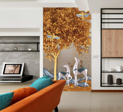 3D Golden Tree Deer KEP5814 Wallpaper Mural Self-adhesive Removable Sticker Kay
