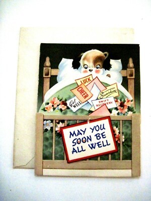 Cute Vintage ''Get Well'' Card w/ Puppy & Tied-Up Tiger w/ Original Envelope *