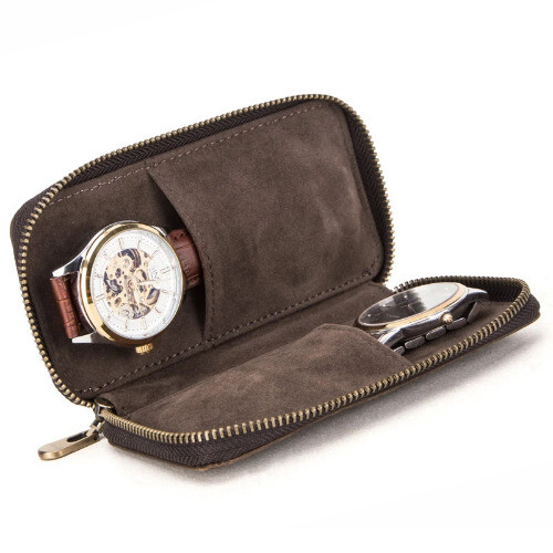 Leather 2-Slot Watch Box Luxury Pouch with Zipper Portable Organizer Bag - Picture 4 of 13