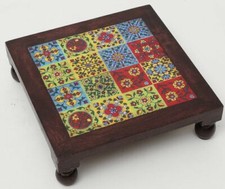 Handcrafted Wooden Chowki Pedestal Pooja Bajot Multicolor Tiles Wood Lower Stool