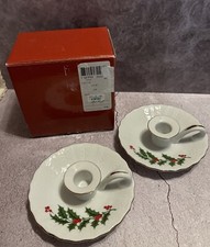 1986 Vintage All The Trimmings Porcelain Set Of 2 Holly Berry Candle Holders