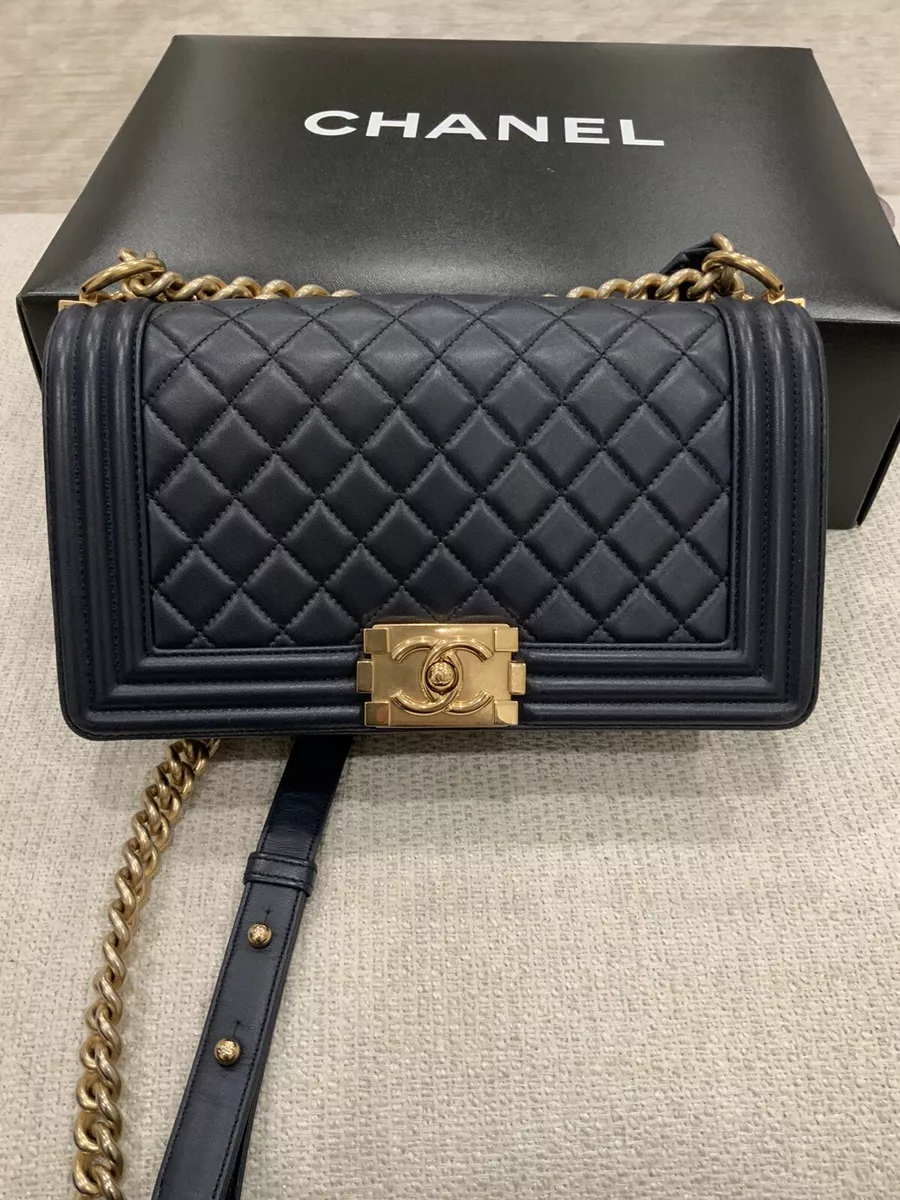 Chanel Le Boy Dark Navy Medium Gold Chain Lamb